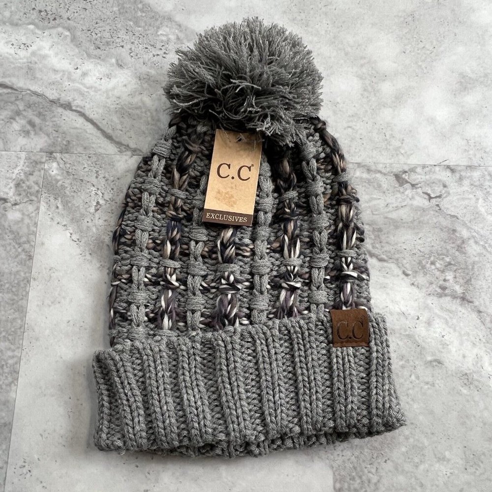 C.C Winter Warm Chunky‎ Thick Ombre Double Slip Stitch Knit Pom Cuff Beanie Gray
